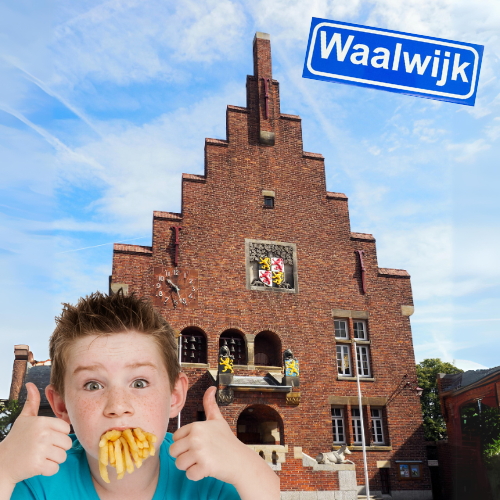 Frietkar huren in Waalwijk jongen mond vol me friet straatnaam bord waawlijk