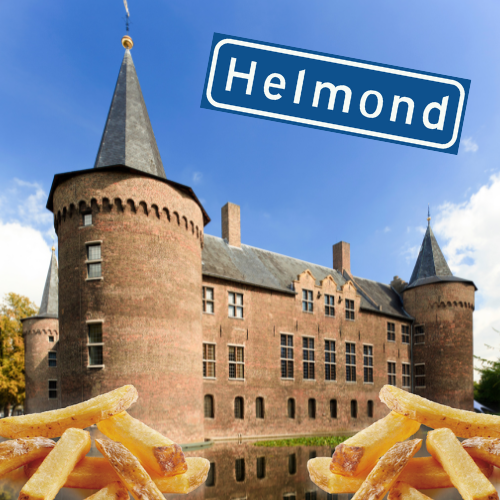 Frietkar kasteel van Helmond, plaatsnaambord Helmond en friet Helmond